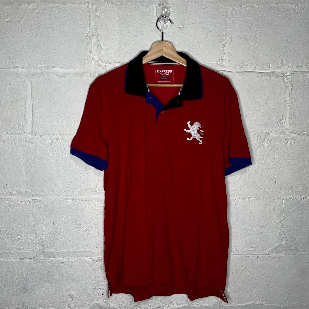 Express Men's  Red Color Tipped Lion Pique Polo Short Sleeve T-Shirt Size Large